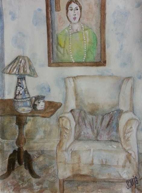 *Watercolors and Acrylics on paper - Still life with chair and painting - 21 x 28cm - Sonja Peacock*