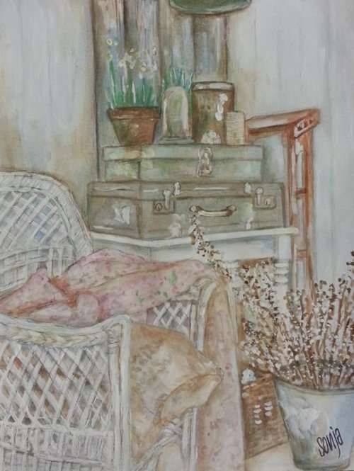*Watercolors and Acrylics on paper - Still life with suitcases and chair - 21 x 28cm *