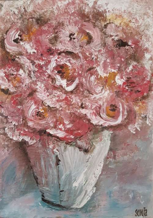 ***Abstract Acrylics - Vase with pink roses - 25 x 35.5 x 3.5cm - Sonja Peacock ***