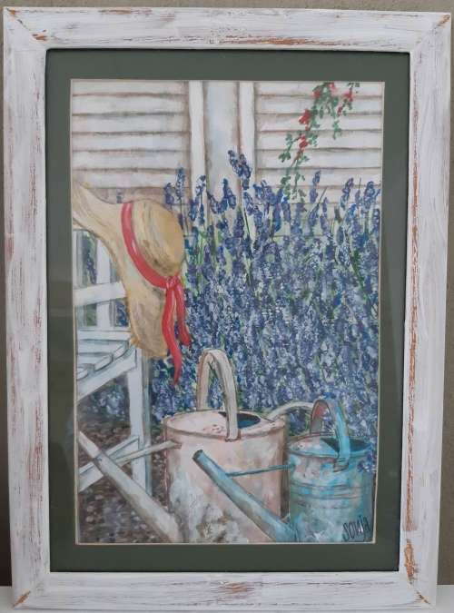 *Watercolors and Acrylics on paper - Still life Lavender garden - Framed with glass - 24 x 33cm *