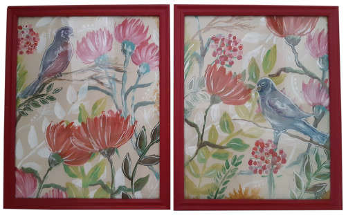 Garden scene with birds (set of 2) - Acrylics on canvas - Framed - on sale now!