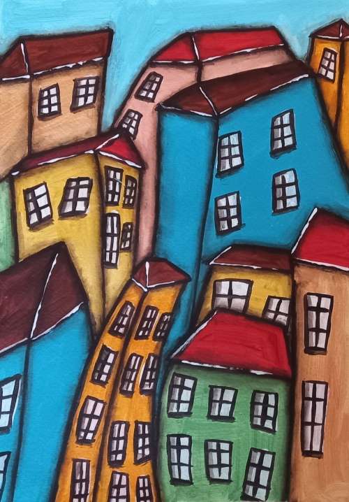 ***Acrylics and Mixed Media - Houses (set of 2) - 30 x 20 cm each - Sonja Peacock  ***