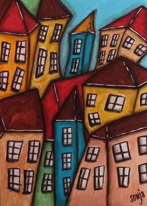 ***Acrylics and Mixed Media - Houses (set of 2) - 30 x 20 cm each - Sonja Peacock  ***