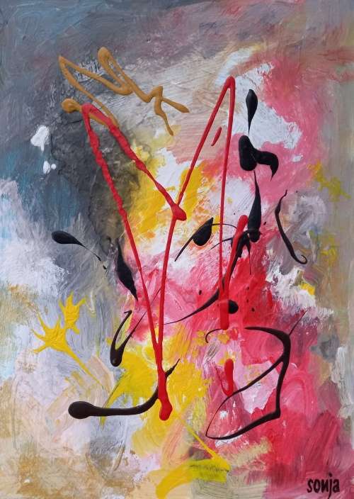 The pink Peacock - Acrylics & Watercolors on canvas board - Abstract Art