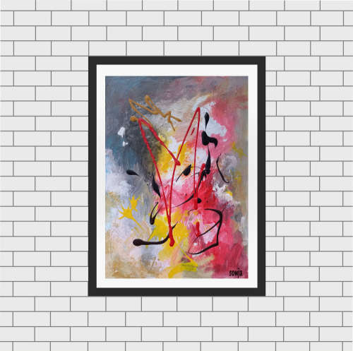 The pink Peacock - Acrylics & Watercolors on canvas board - Abstract Art