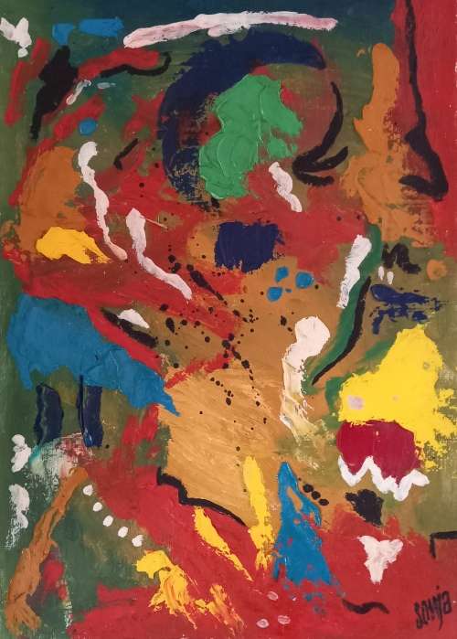 Woman with bird on her shoulder - Oil  on canvas sheet - Abstract Art