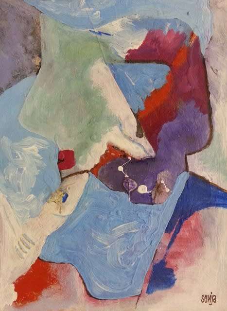 Man with blue letter - Acrylics on canvas sheet- Abstract Art