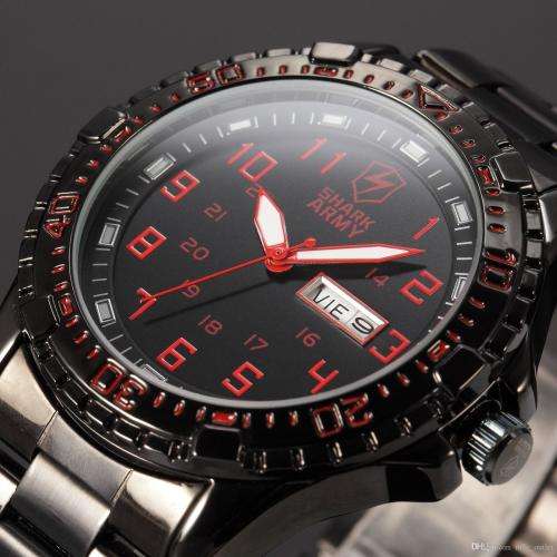 HOT BRAND NEW AUTHENTIC SHARK RED AND BLACK ARIES SERIES MENS SPORTS WATCH WITH STAINLESS STEEL BAND