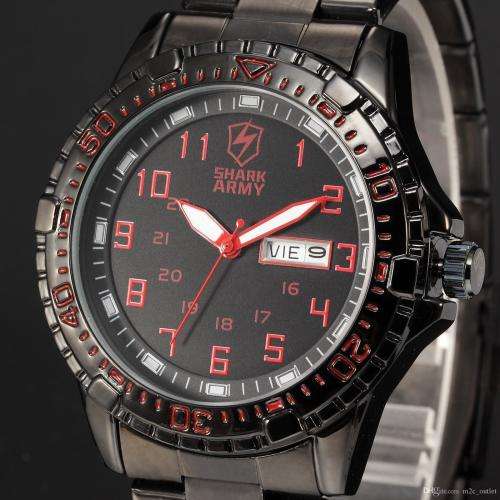 HOT BRAND NEW AUTHENTIC SHARK RED AND BLACK ARIES SERIES MENS SPORTS WATCH WITH STAINLESS STEEL BAND