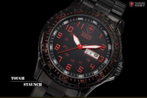 HOT BRAND NEW AUTHENTIC SHARK RED AND BLACK ARIES SERIES MENS SPORTS WATCH WITH STAINLESS STEEL BAND