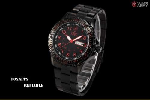 HOT BRAND NEW AUTHENTIC SHARK RED AND BLACK ARIES SERIES MENS SPORTS WATCH WITH STAINLESS STEEL BAND