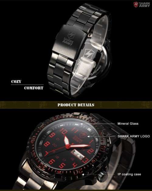 HOT BRAND NEW AUTHENTIC SHARK RED AND BLACK ARIES SERIES MENS SPORTS WATCH WITH STAINLESS STEEL BAND