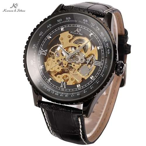 Authentic, Brand New Luxury KS Royal Carving Mechanical Skeleton Black Men's Wrist Watch