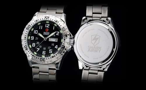 Authentic SHARK ARMY Date Day Calendar Silver Stainless Full Steel Black Men Military Sport Watch