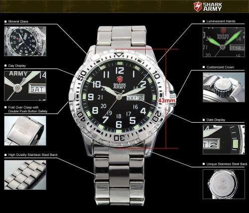 Authentic SHARK ARMY Date Day Calendar Silver Stainless Full Steel Black Men Military Sport Watch
