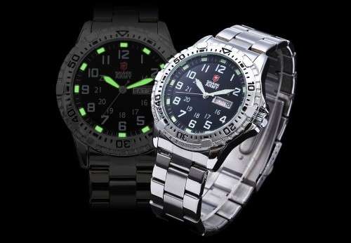 Authentic SHARK ARMY Date Day Calendar Silver Stainless Full Steel Black Men Military Sport Watch