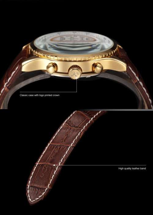 Authentic New KSAviator Luxury Day Date 24Hours Automatic Mechanical Men's Brown Leather Wrist Watch