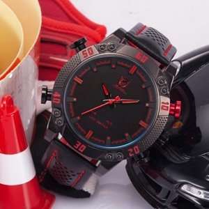 New Shark Men's LED Date Day Alarm Digital Analog Quartz Sport Black, Red Leather Band Wrist Watch