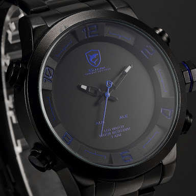 Authentic Brand New  Shark Mens Analog LED  Alarm Date Day Display Stainless Steel Quartz Watch