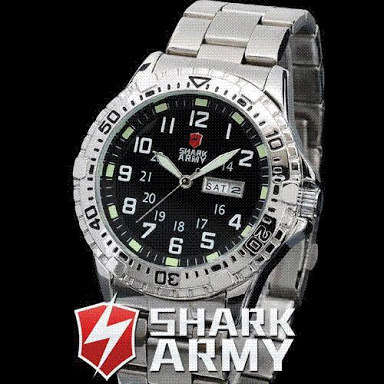 Authentic SHARK ARMY Date Day Calendar Silver Stainless Full Steel Black Men Military Sport Watch