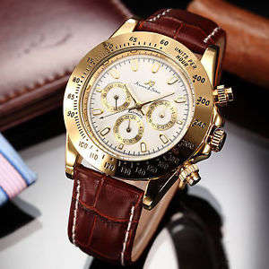 Authentic Luxury KS Imperial Day Date Gold Case Brown Leather Men Automatic Mechanical Wrist Watch