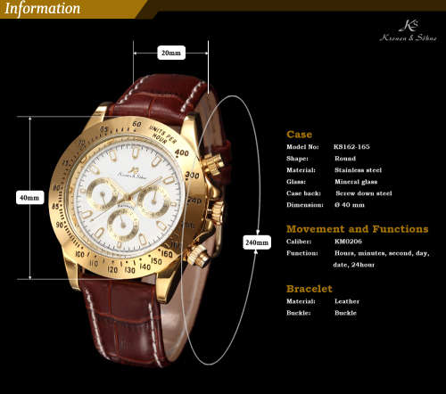 Authentic Luxury KS Imperial Day Date Gold Case Brown Leather Men Automatic Mechanical Wrist Watch