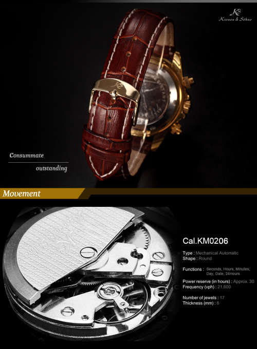 Authentic Luxury KS Imperial Day Date Gold Case Brown Leather Men Automatic Mechanical Wrist Watch