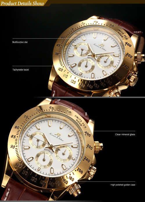 Authentic Luxury KS Imperial Day Date Gold Case Brown Leather Men Automatic Mechanical Wrist Watch