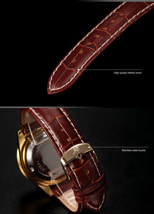 Authentic Luxury KS Imperial Day Date Gold Case Brown Leather Men Automatic Mechanical Wrist Watch