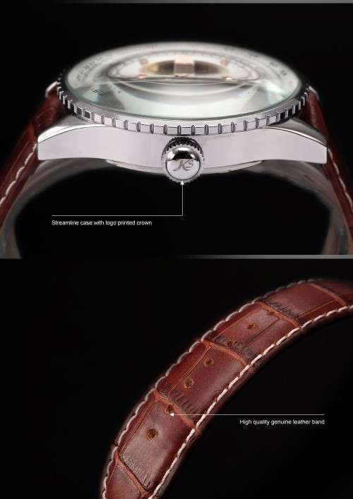 Authentic, Brand New Luxury KS Carving Golden Skeleton Auto Mechanical Brown Leather Elegant Men's W