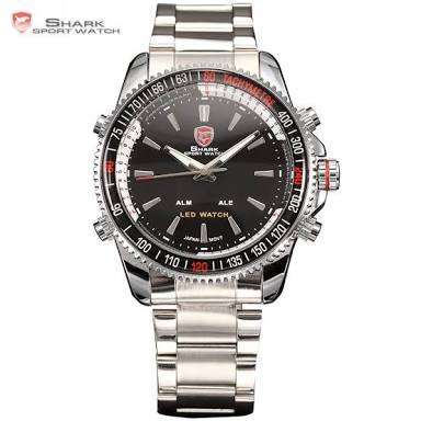 Mako SHARK Sport WatchDigital LED Date Alarm Silver Full Stainless Steel Band Black Men Ar