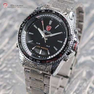 Mako SHARK Sport WatchDigital LED Date Alarm Silver Full Stainless Steel Band Black Men Ar