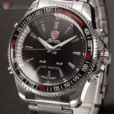 Mako SHARK Sport WatchDigital LED Date Alarm Silver Full Stainless Steel Band Black Men Ar