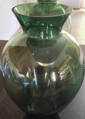 2 x Handmade Bottle Green Vases - Very delicate glass in good condition