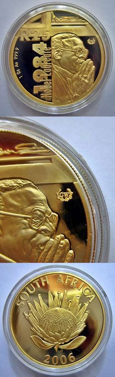 ## Proof 2006 South Africa Gold Protea Desmond Tutu 1 Oz with CW Mintmark  ##