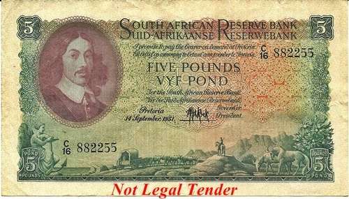 ## M.H. de Kock 5 Pounds Note Eng/Afr C16 882255 14 September 1951 ##