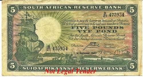 ## J. Postmus 1st Issue 5 Pounds Note B21 473934 14 September 1942 ##