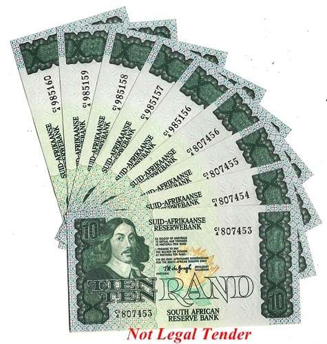 ## 9 x T.W. de Jongh R10 Notes in Sequence C1/4 807453-56 & 985156-60 ## Bid per Note for the LOT