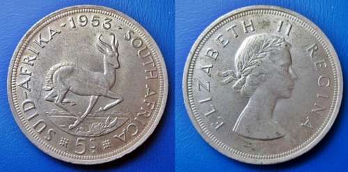 ## Beautiful 1953 South Africa Silver 5 Shillings ##