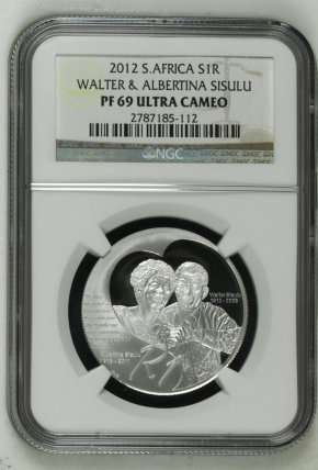 ## NGC Graded 2012 South Africa Silver Protea Walter Sisulu R1 PF 69 Ultra Cameo ##