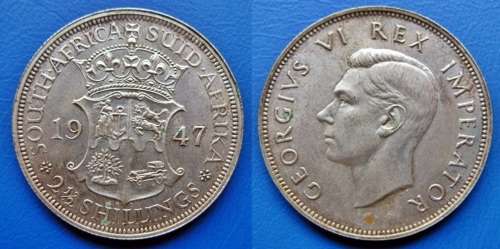 ## Beautiful 1947 South Africa Silver 2 1/2 Shillings ##