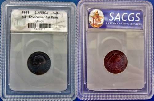 ## SACGS Graded 1938 South Africa 1/4 Penny MS - Environmental Damage ##