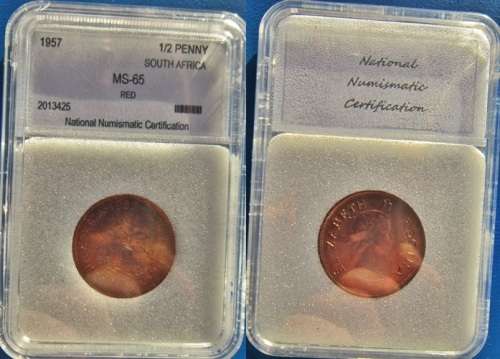 ## NNC Graded 1957 South Africa 1/2 Penny MS 65 ##
