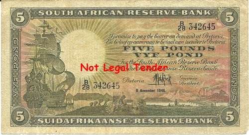 ## M.H. de Kock 1st Issue 5 Pounds Note B28 342645 8 November 1946 ## VG