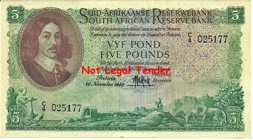 ## M.H. de Kock 2nd Issue 5 Pounds Note C4 025177 16 November 1948 ## VG