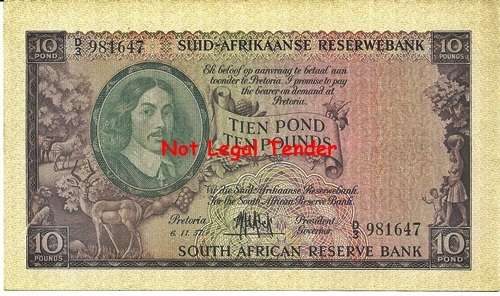 ## M.H. de Kock 3rd Issue 10 Pounds Note D3 981647 6.11.57 ## VG