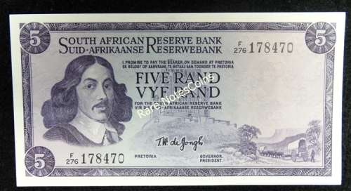 Unc 1975/6 TW De Jongh Five Rand  1st Issue English over Afrikaans . Watermark Van Riebeeck