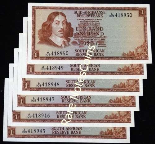 6A/UNC Sequential Rissik A109 Banknotes. Afr over Eng. Watermark Springbok. Paperclip marks