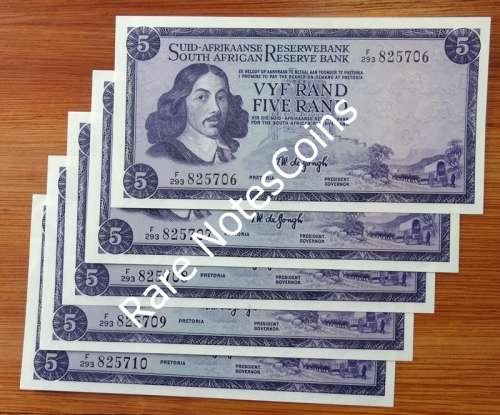 UNC TW de Jongh Seq Banknotes.Afr over Eng . Watermark Van Riebeeck. F293/ 825706 to 010