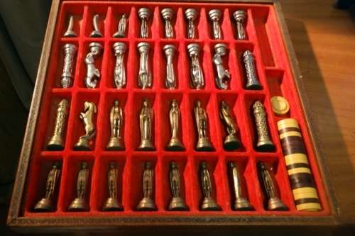Chess Set Set in Velvet Case with Solid Metal Pieces covered in Leather